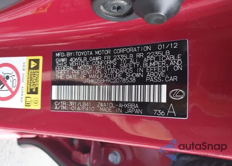 2012 Lexus Ct 200H Premium from USA, damaged, VIN JTHKD5BH9C2078538